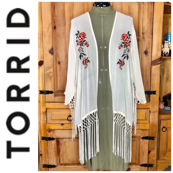 torrid Other - Torrid Ivory Chiffon Embroidered Fringed Kimono